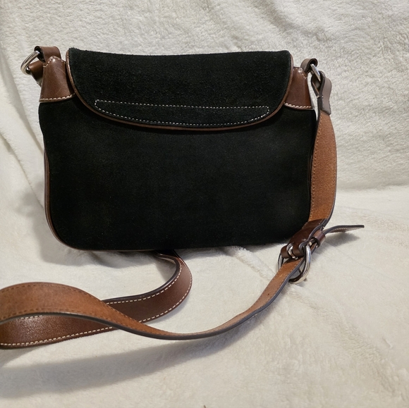 Vintage Dooney & Bourke Suede Leather Flap Crossbody Bag Black Brown Equestrian - Picture 4 of 12